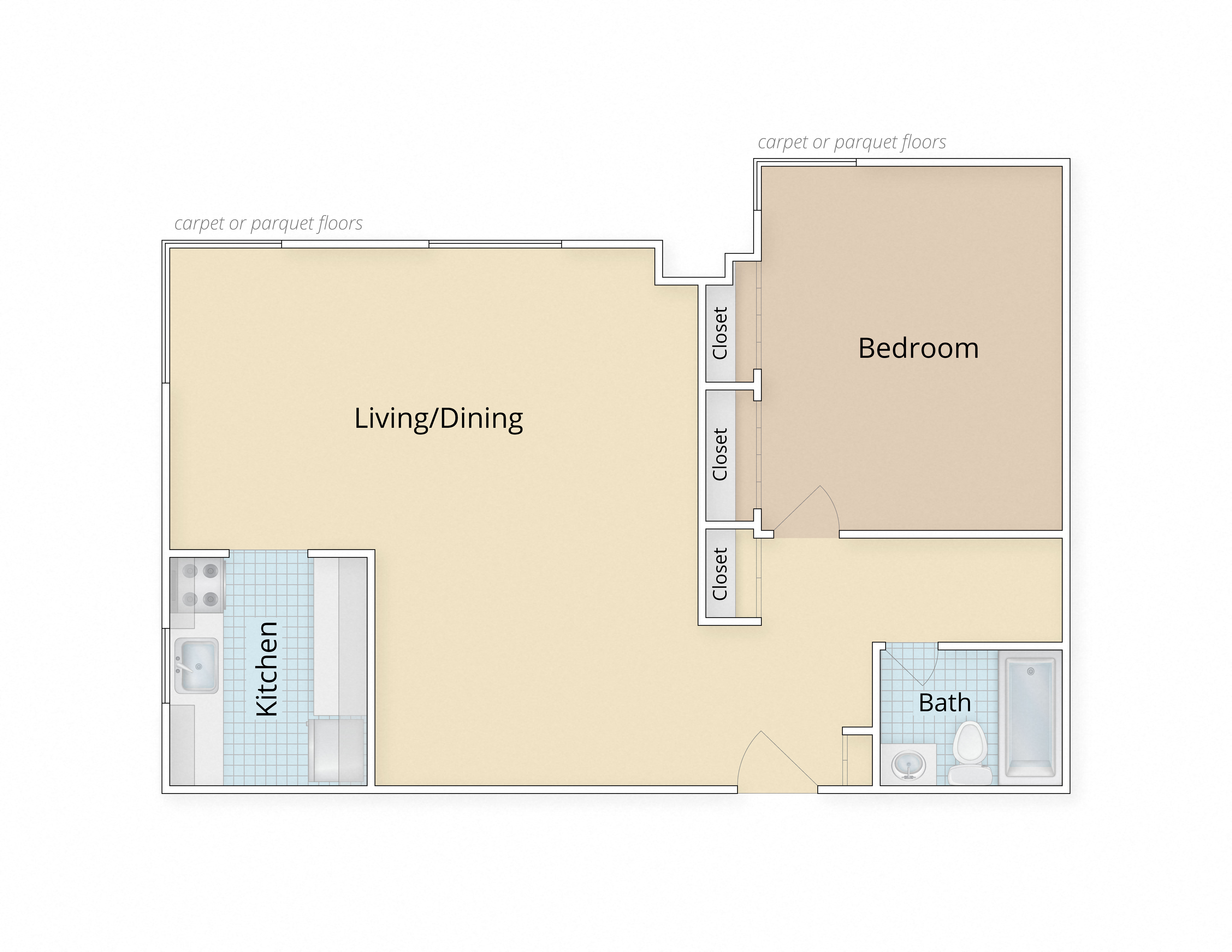 Floor plan for 1 bed, 1 bath, 724 sqft